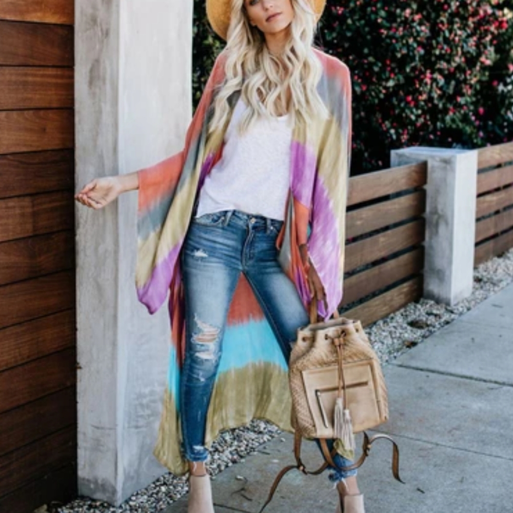 1 left! Rainbow Tie Dye Striped Long Flowy Kimono - Picture 5 of 7